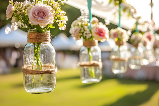 Rustic wedding decor hanging mason jars flowers