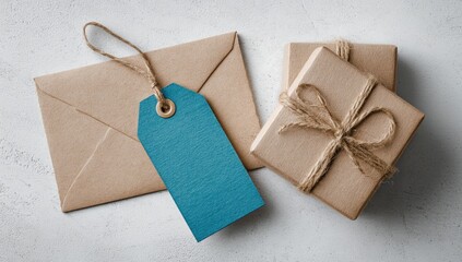 Simple gifts and a message.  Small kraft envelopes and boxes, tied with twine, and a teal tag