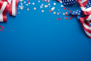 Celebrate American Patriotism Festive red white and blue ribbons and stars confetti on a vibrant blue background perfect for Independence Day designs