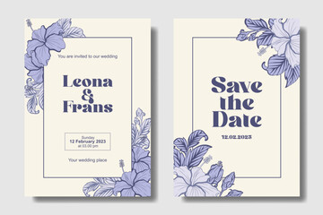 Hibiscus flower drawing, stylist and aesthetic wedding invitation design. Ivory Cream and Indigo Gray color theme