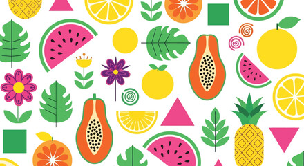 Geometric, Colorful and vibrant fruit graphic design featuring a variety of fresh fruits. Perfect for summer, healthy eating, and natural themes