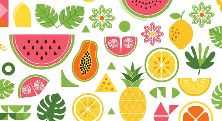 Geometric, Colorful and vibrant fruit graphic design featuring a variety of fresh fruits. Perfect for summer, healthy eating, and natural themes