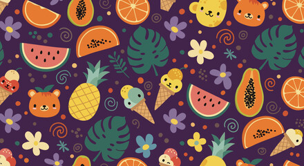 Vibrant seamless pattern with various tropical fruits and abstract leaves. Features pineapple, watermelon, avocado, and star fruit, and others. Perfect for summer designs