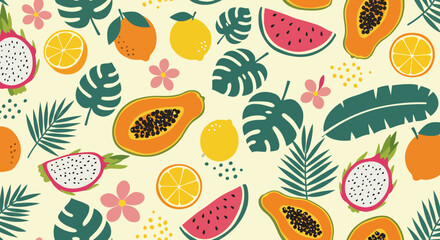 Vibrant seamless pattern with various tropical fruits and abstract leaves. Features pineapple, watermelon, avocado, and star fruit, and others. Perfect for summer designs