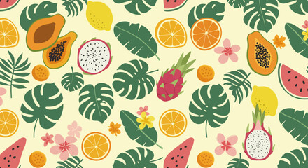 Vibrant seamless pattern with various tropical fruits and abstract leaves. Features pineapple, watermelon, avocado, and star fruit, and others. Perfect for summer designs