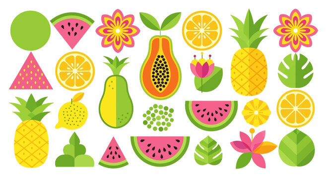 Geometric, Colorful and vibrant fruit graphic design featuring a variety of fresh fruits. Perfect for summer, healthy eating, and natural themes