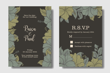 Hibiscus flower drawing, stylist and aesthetic wedding invitation design. Dark Charcoal, Moss Green, and Khaki color theme