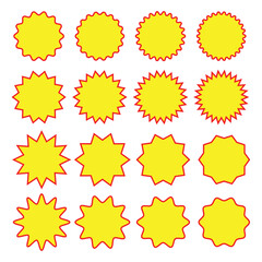 Sunburst sticker shapes. Rounded starburst zigzag badge, spiky oval, circle and star shaped price tag, discount and sale label stickers. Jagged silhouettes vector set. Eps 10.