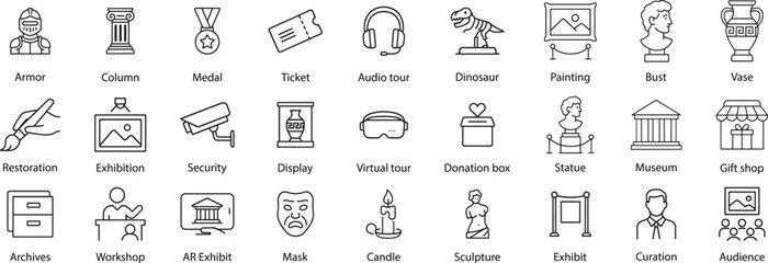 Museum Line Icons Vector Set, Isolated.