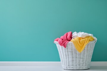 Overflowing white laundry basket filled with colorful clothes against a vibrant wall, White laundry basket overfilled with colorful clothes against teal wall