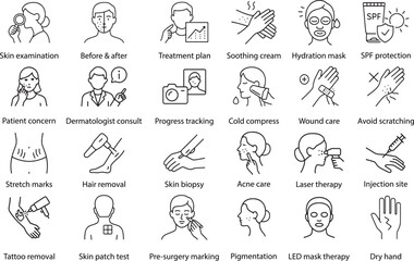 Dermatology Procedures Vector Icon Set, Line Style on White