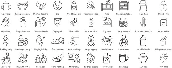 Baby Care Line Icons Vector Illustration. Minimalistic Symbols of Baby Essentials, Isolated on White.