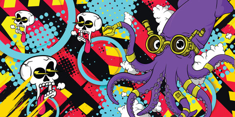 Octopus & Skull Graffiti Abstract Background - Edgy Urban Vector Illustration