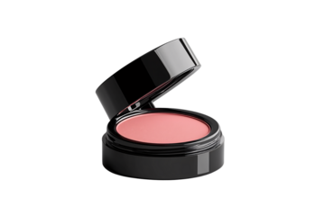 Black compact makeup case with pink blush powder inside, lid open showing product, isolated on a transparent background