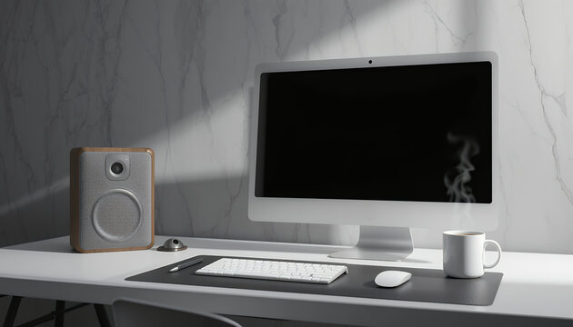 Minimalist modern workspace setup with computer monitor keyboard speaker and steaming coffee cup on white desk against marble wall