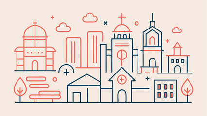 Fototapeta premium Buildings line icons collection showcasing office buildings, hotels, and real estate elements in a clean and modern line style