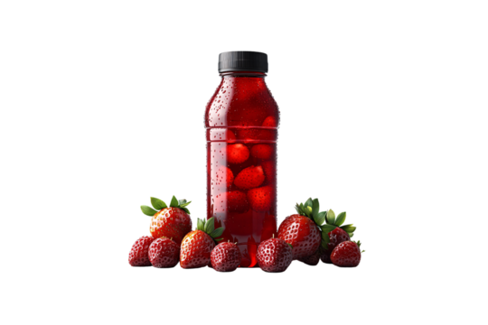 Clear plastic bottle filled with red strawberry juice surrounded by fresh ripe strawberries at base, isolated on a transparent background