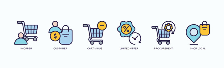 Smart Commerce Icon Set Isolated Vector Illustration Concept With Icon Of Shopper, Customer, Cart Minus, Limited Offer, Procurement, Shop Local In Outline Color Style