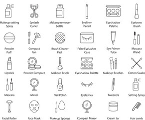 Makeup Icons Set, Line Style Vector Illustration Isolated on White Background.
