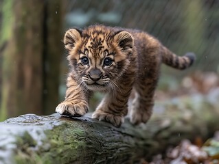 Fototapeta premium Adorable baby tiger cub on log