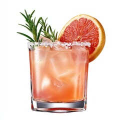 Refreshing grapefruit cocktail garnished with rosemary.  A vibrant, pinkish-orange drink, served in a short glass filled with ice.