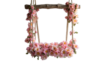 Square wooden frame suspended by ropes decorated with abundant pink flowers forming a beautiful floral border, isolated on a transparent background