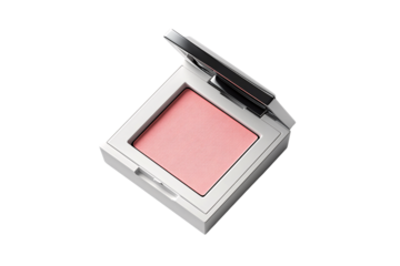 White square makeup compact with pink blush, minimalist design and clean geometric lines throughout, isolated on a transparent background