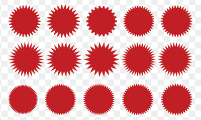 Red starburst sticker set. Special offer price tag. Price sticker, sale sticker, starburst, quality mark, retro silhouette. Sunburst retro sale badge, quality signs, sale icons. Eps 10.