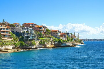 Stunning seaside view of residential buildings in the Sydney Bronte district under clear blue skies, Sydney Bronte district view from seaside Residential houses on ocean cliff