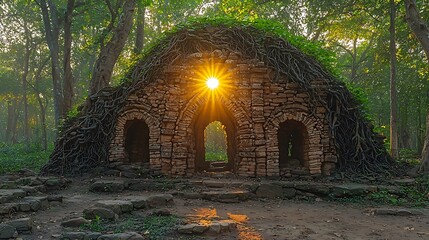 Fototapeta premium Ancient brick building entwined by natures embrace