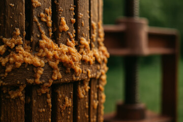 Close up of traditional wooden cider press with freshly crushed apples in rustic setting