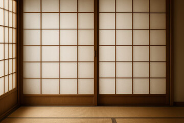 Traditional japanese shoji doors with tatami mat flooring in sunlit room