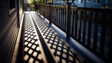 Sunlit Deck Lattice Shadows: Intricate latticework shadows dance across a sun-drenched deck, creating a captivating interplay of light and shadow.