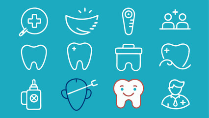 Professional stroke icon set for dentistry including visuals of tools, clean teeth, and care elements ideal for dental services, clinics, and oral hygiene campaigns