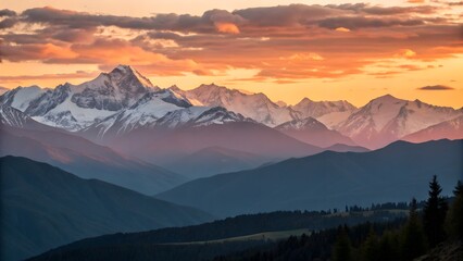 Fototapeta premium Golden hues cast over a tranquil mountain range at sunset, capturing the peaceful transition of day to night.