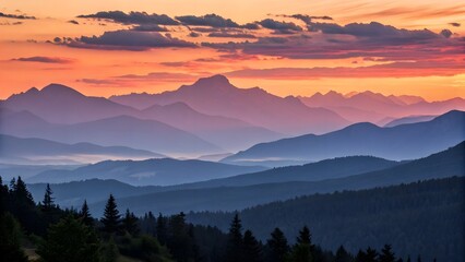 Obraz premium Golden hues cast over a tranquil mountain range at sunset, capturing the peaceful transition of day to night.