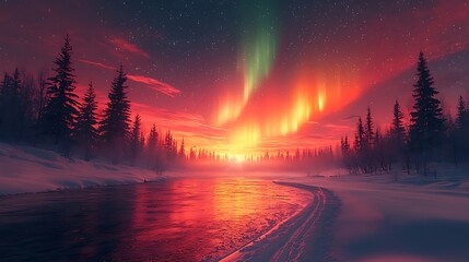Aurora Borealis over winter forest river