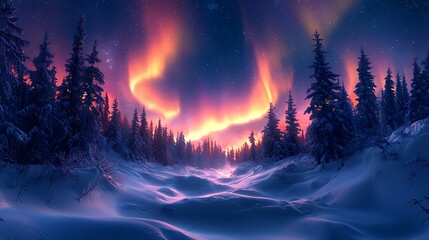 Aurora Borealis Shines over Winter Forest