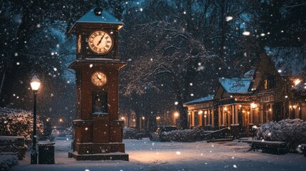 Village clock tower surrounded by softly falling snow at night, Generative AI