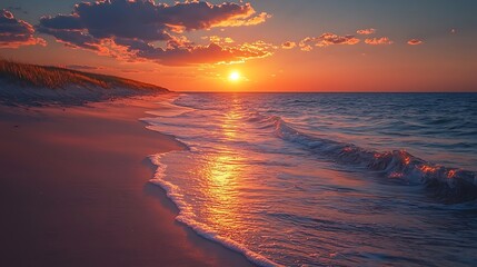Beach sunset golden ocean waves sparkle