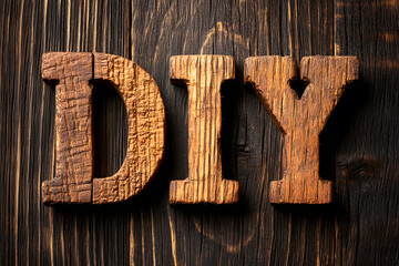 Rustic wooden letters spelling diy on dark wood background