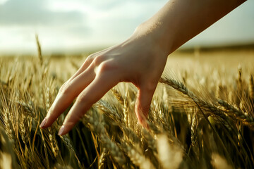 Gentle hand caressing golden wheat in a summer field representing nature agriculture and harvest
