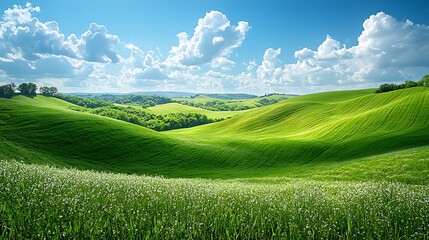Fototapeta premium Emerald hills bathed in sunlight under fluffy clouds