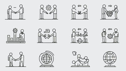 Business icons showing communication, investment, global reach, partnership, and problem-solving.