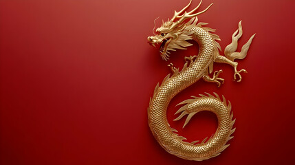 Fototapeta premium Golden dragon statue against deep red backdrop symbolizes power and good fortune