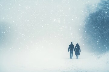 Obraz premium Couple enjoying a romantic winter walk under softly falling snow, Generative AI