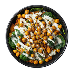 Close up of a black bowl filled with chickpeas spinach sweet potatoes and a creamy white dressing