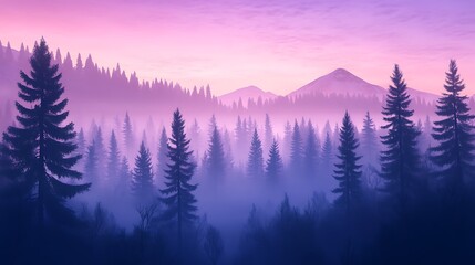 Misty Mountain Forest: Purple Sunrise Landscape Photography