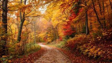 Obraz premium A peaceful forest path blanketed with colorful autumn leaves, inviting a serene walk through nature’s seasonal display.