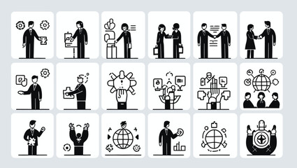 Business success, teamwork, global connection, and financial investment icons in a minimalist style.
